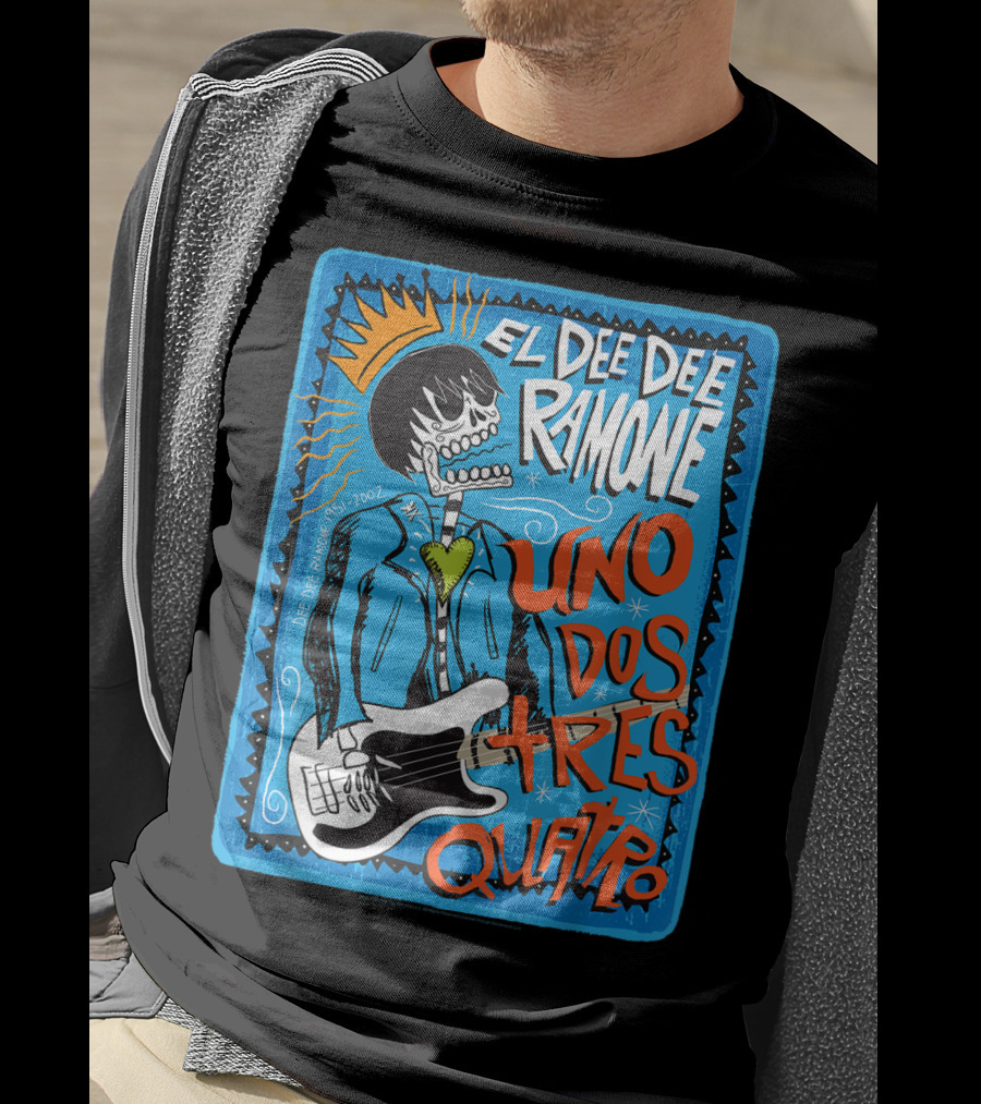 El Dee Dee Ramone Uno Dos Tres Quatro Skull Art With Crown And Heart Guitar T-Shirt