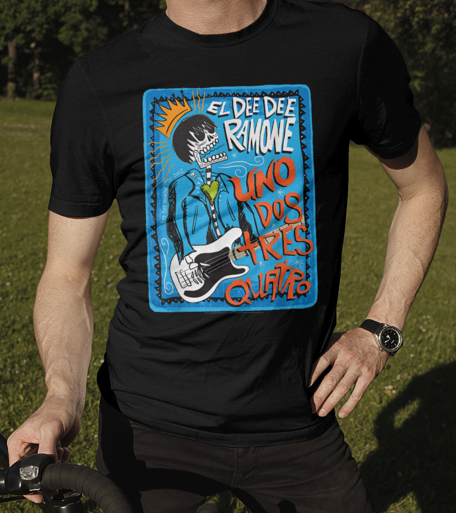 El Dee Dee Ramone Uno Dos Tres Quatro Skull Art With Crown And Heart Guitar T-Shirt
