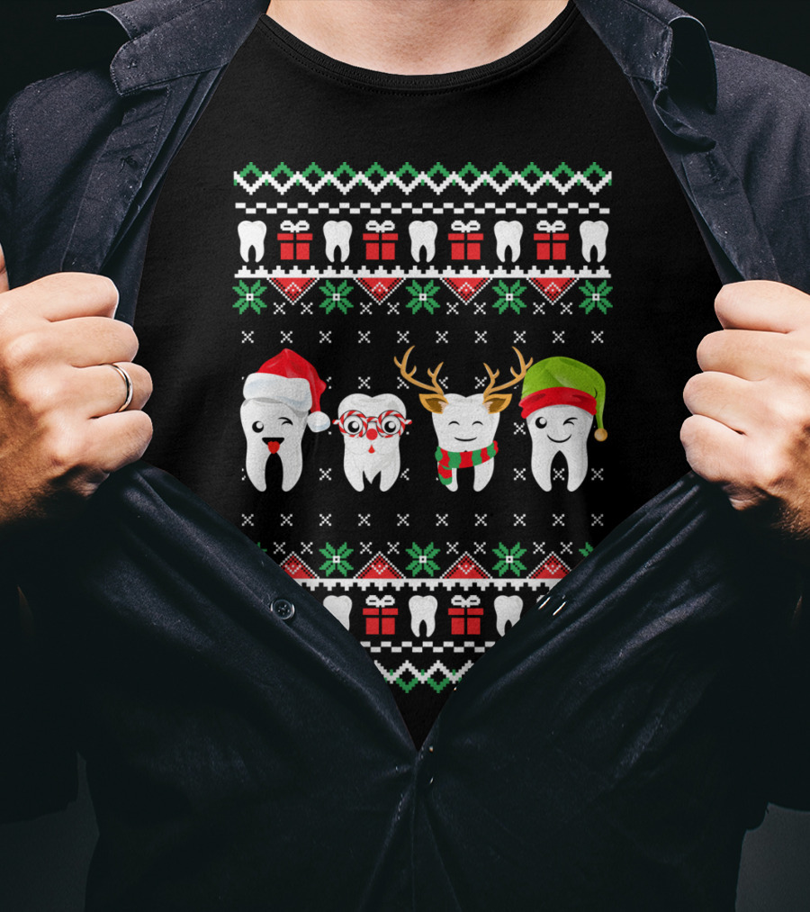 Dentist Ugly Christmas Teeth Santa Reindeer Glasses T-Shirt