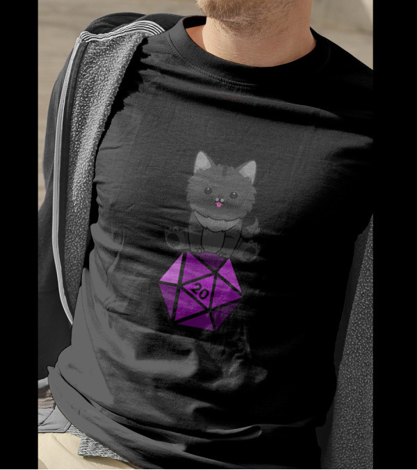 Dungeons And Cats Nerdy RPG Cat Sitting On D20 Dice T-Shirt