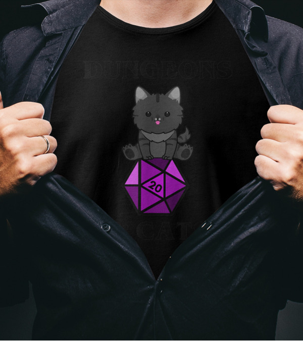 Dungeons And Cats Nerdy RPG Cat Sitting On D20 Dice T-Shirt