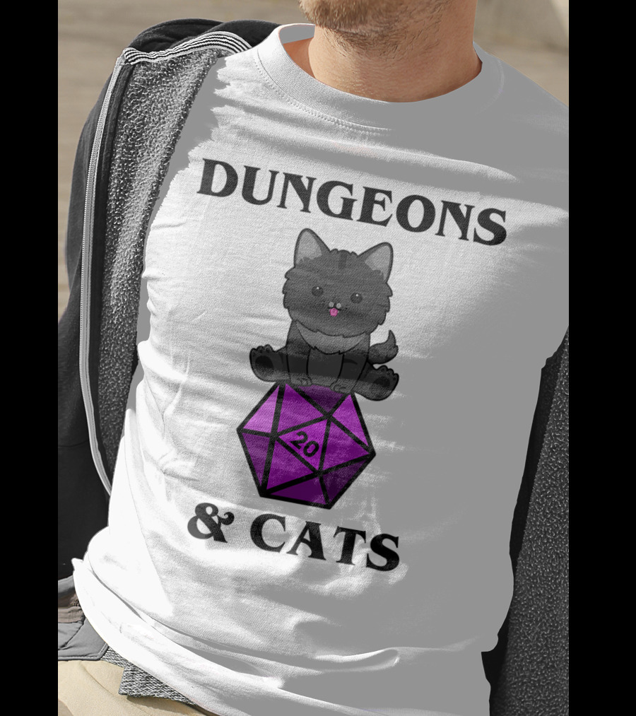Dungeons And Cats Nerdy RPG Cat Sitting On D20 Dice T-Shirt