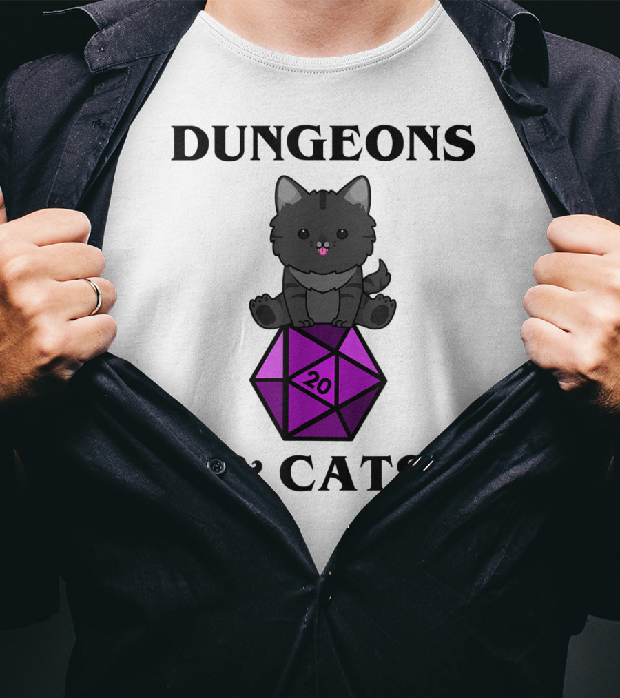 Dungeons And Cats Nerdy RPG Cat Sitting On D20 Dice T-Shirt