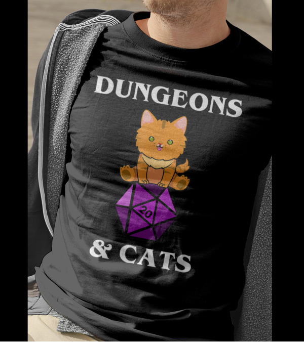 Dungeons And Cats Orange Cat On Purple D20 Dice T-Shirt