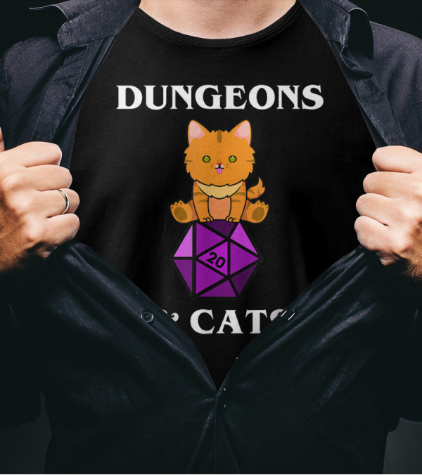 Dungeons And Cats Orange Cat On Purple D20 Dice T-Shirt