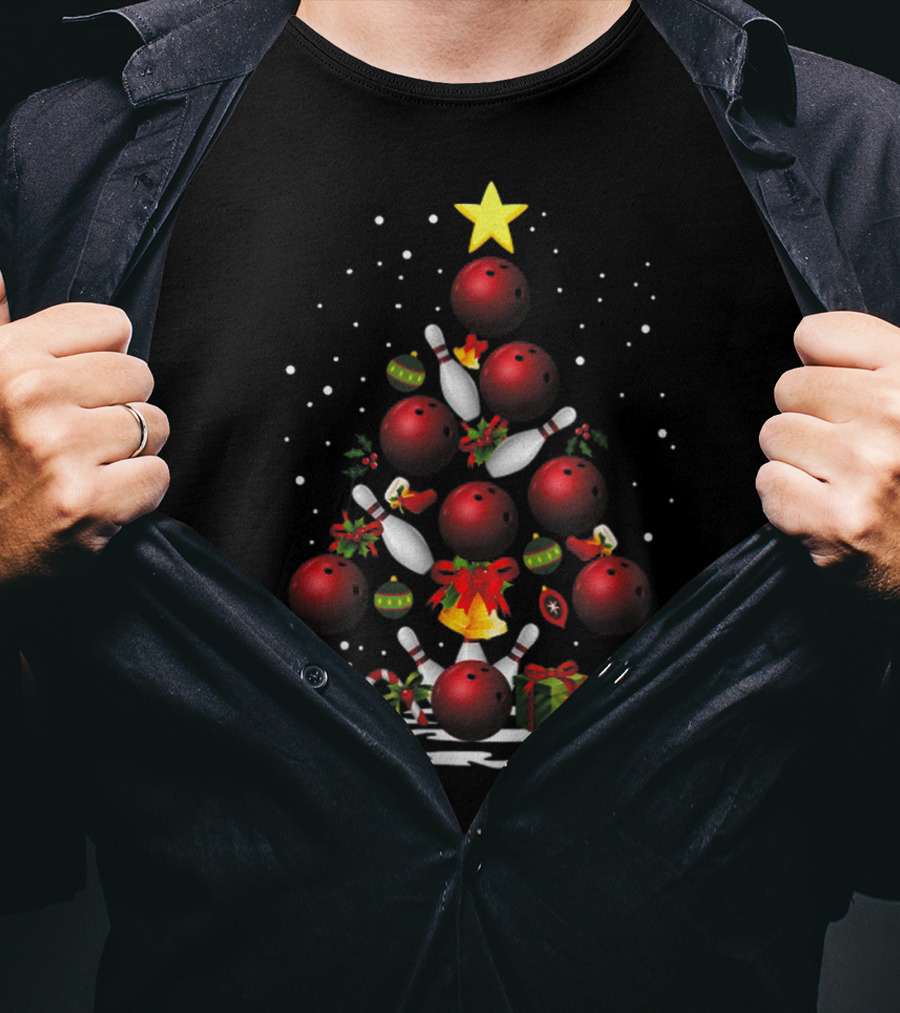 Funny Bowling Christmas Tree Light Bowling Ball Ornaments Star Pin Gifts T-Shirt