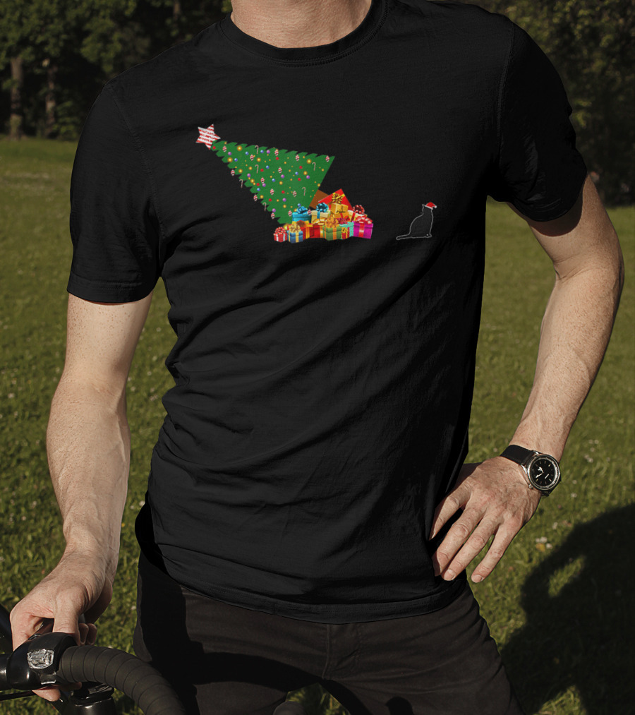 Funny Cat Topples Christmas Tree With Santa Hat T-Shirt