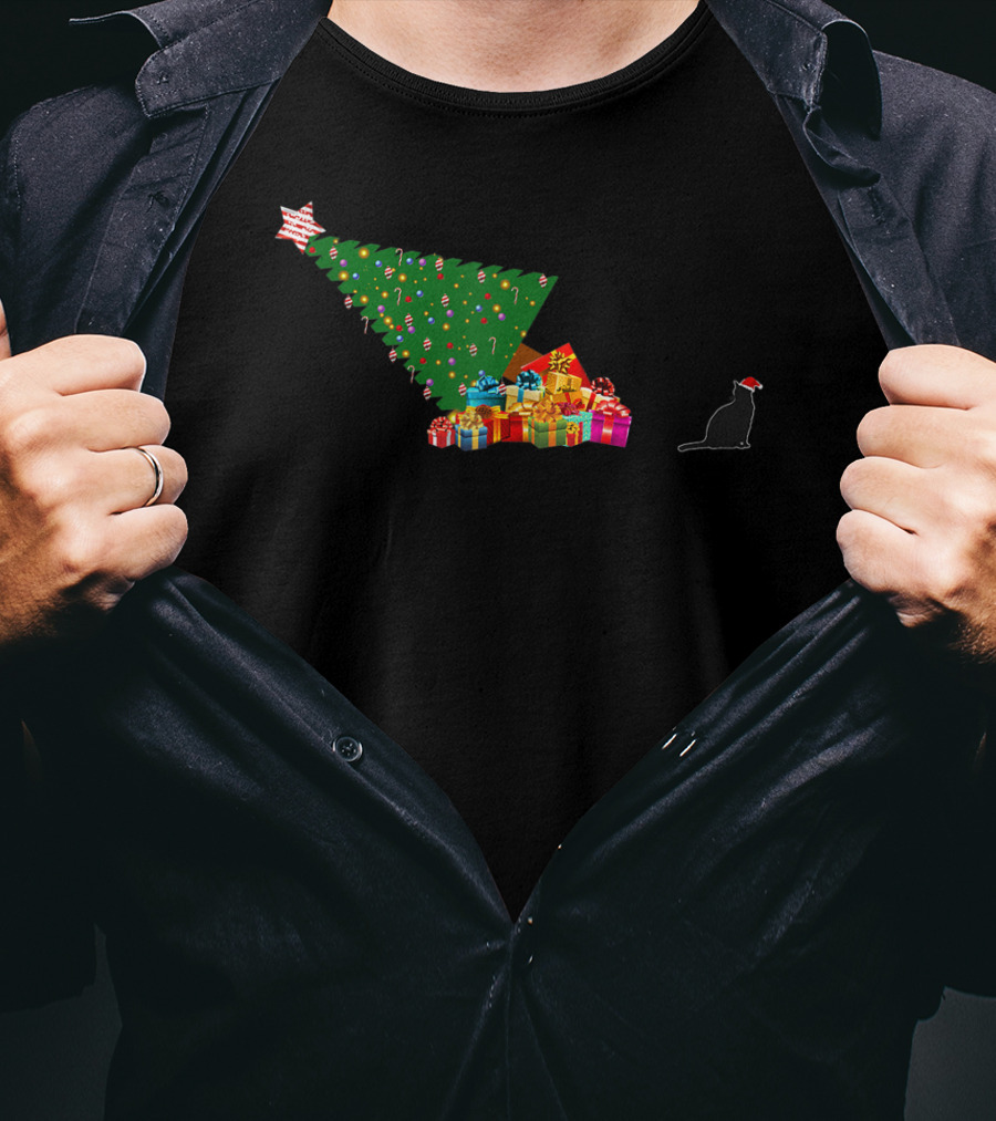 Funny Cat Topples Christmas Tree With Santa Hat T-Shirt