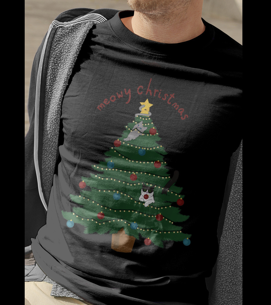 Meowy Christmas Funny Cats In Christmas Tree T-Shirt