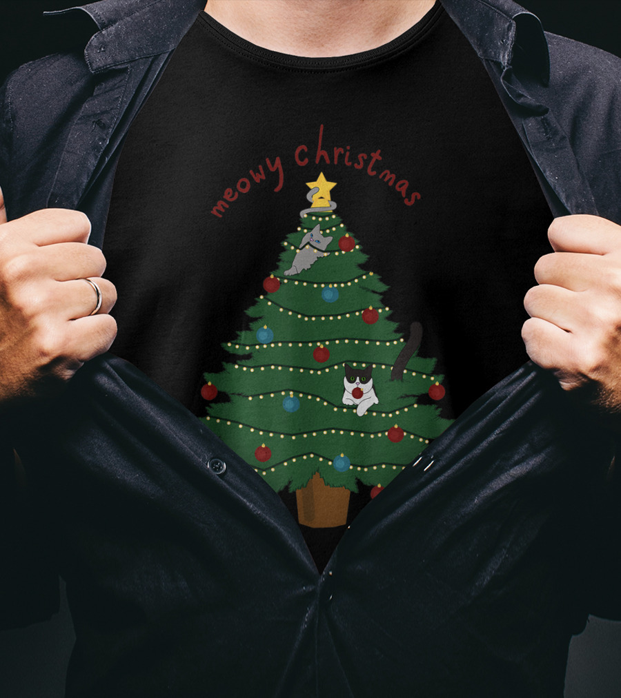 Meowy Christmas Funny Cats In Christmas Tree T-Shirt