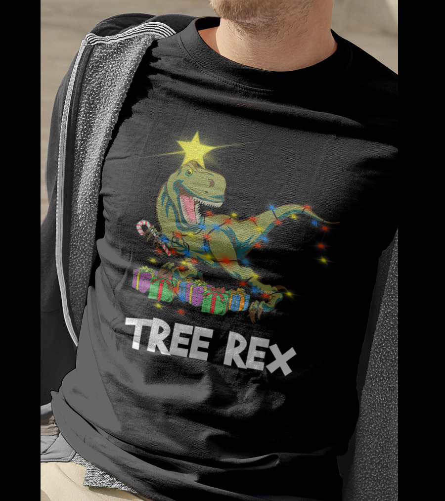 Tree Rex Christmas Dinosaur With Star And Gift Lights T-Shirt