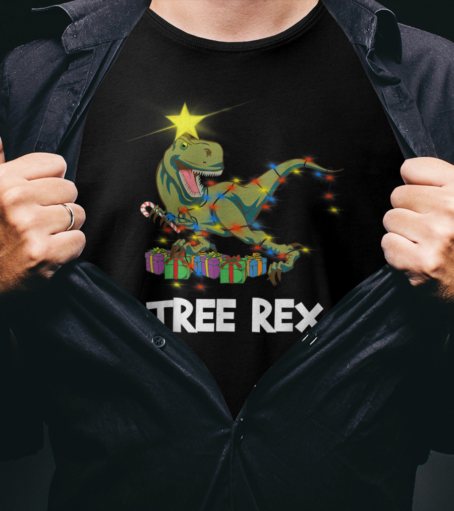 Tree Rex Christmas Dinosaur With Star And Gift Lights T-Shirt