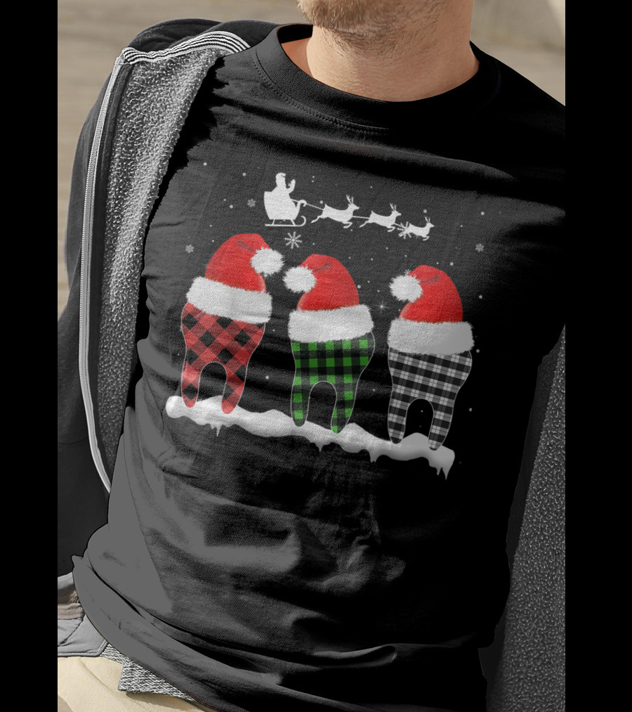 Funny Dentist Hygienists Christmas Pajama Santa Tooth Plaid T-Shirt