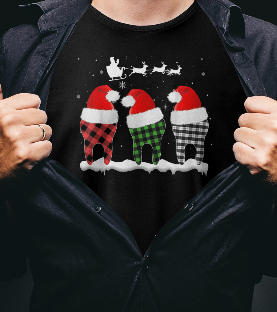 Funny Dentist Hygienists Christmas Pajama Santa Tooth Plaid T-Shirt