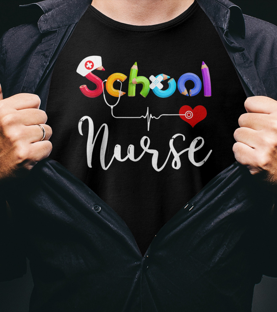 School Nurse Colorful Pencil Heartbeat T-Shirt