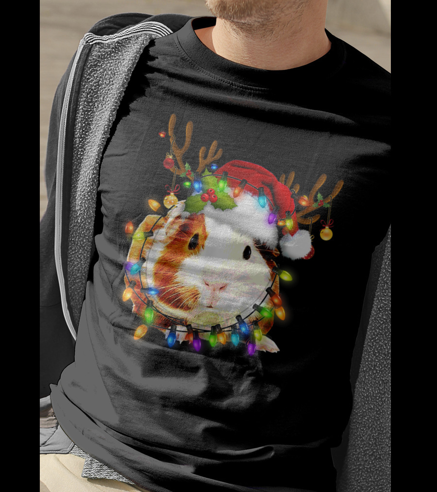 Guinea Pig With Christmas Lights And Reindeer Antlers In Santa Hat T-Shirt