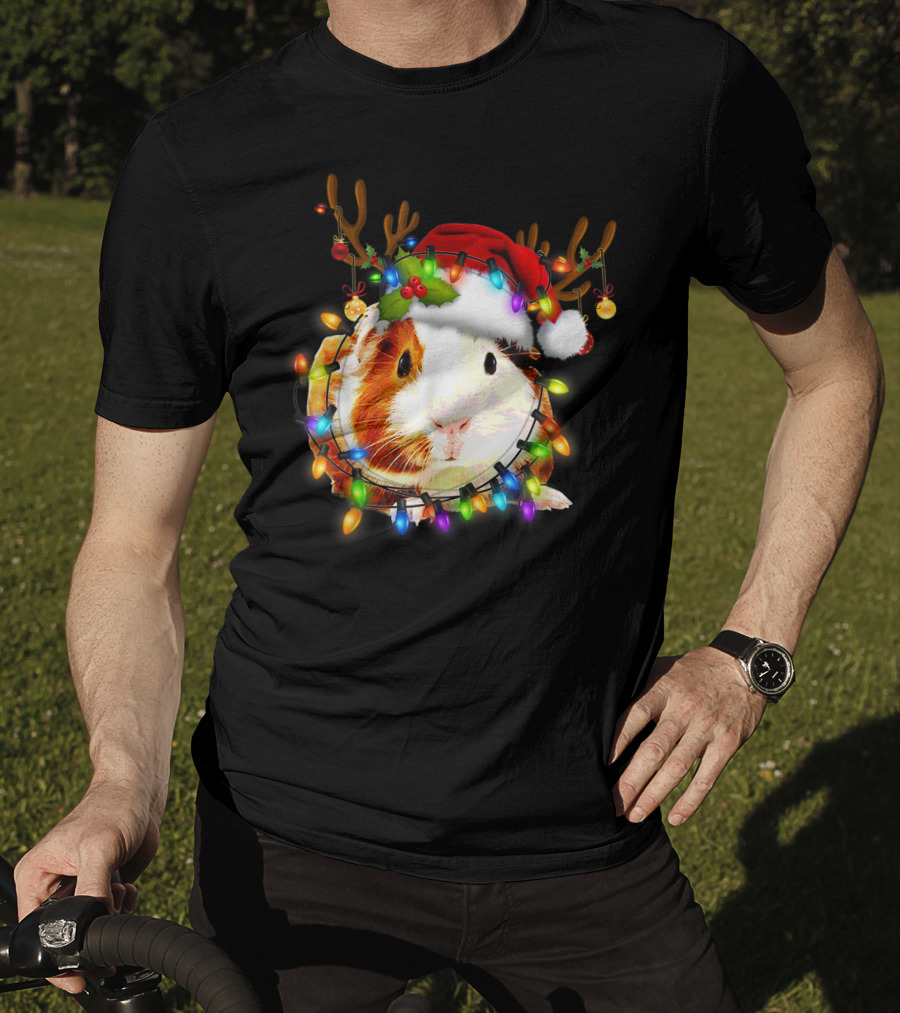 Guinea Pig With Christmas Lights And Reindeer Antlers In Santa Hat T-Shirt