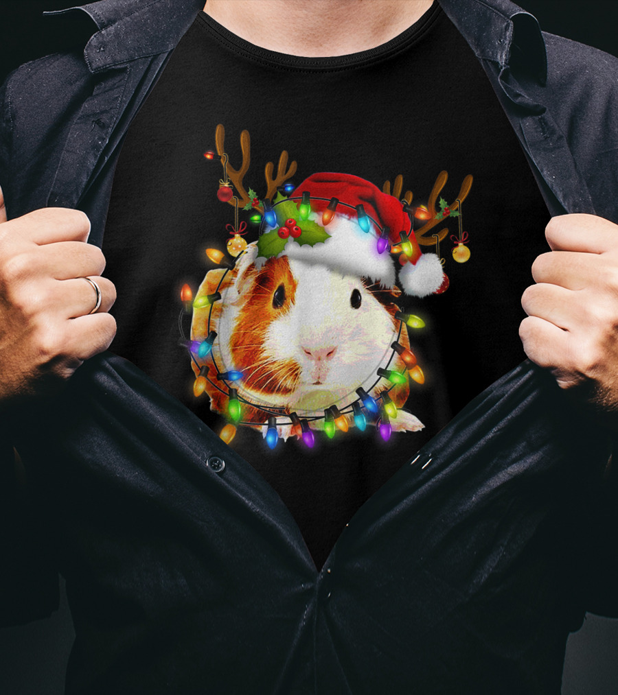 Guinea Pig With Christmas Lights And Reindeer Antlers In Santa Hat T-Shirt