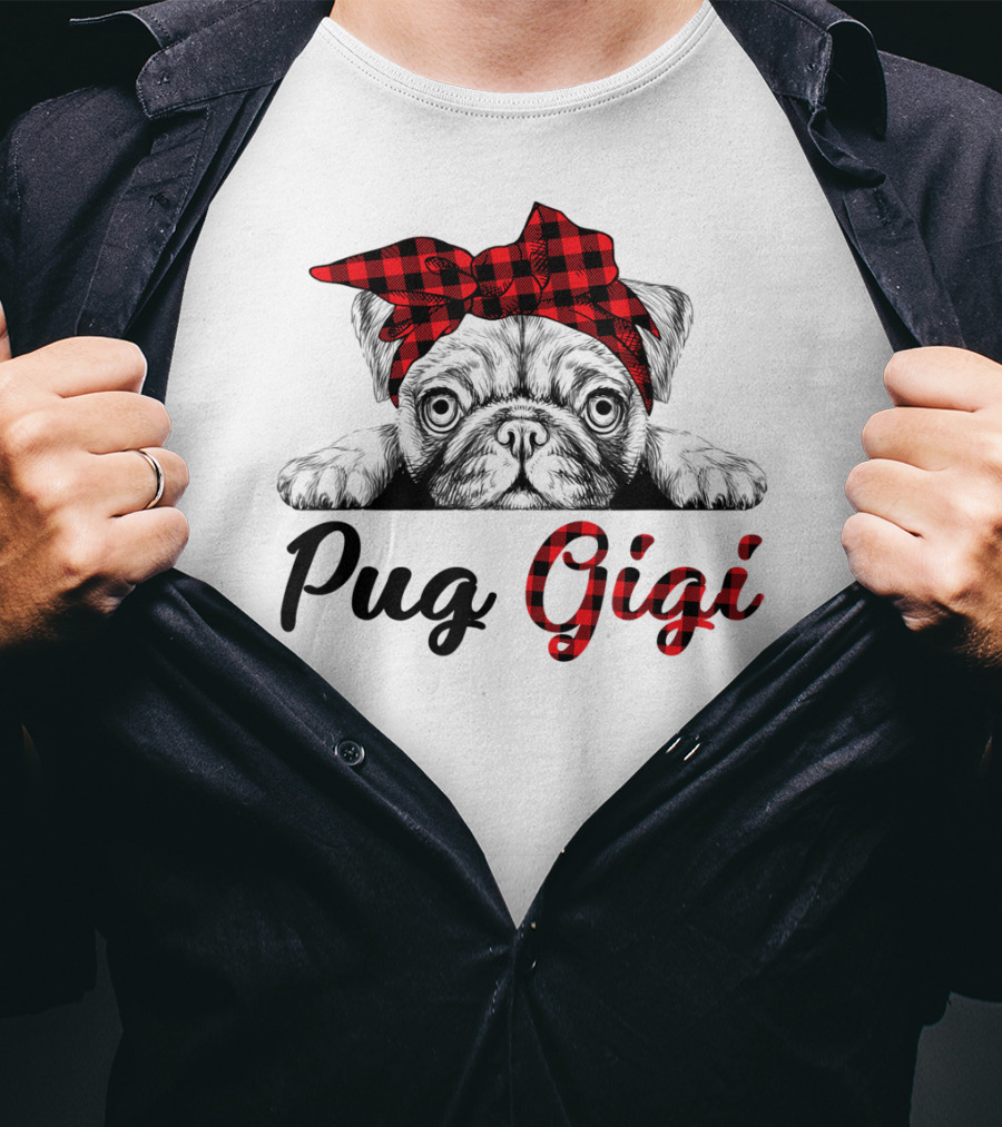 Pug Gigi Red Plaid Headband T-Shirt