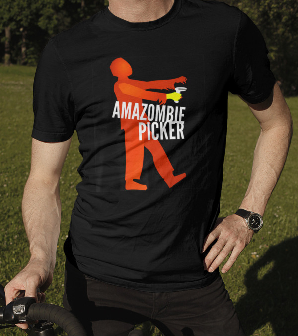 Amazombie Picker Walking Zombie Silhouette With Coffee Cup T-Shirt