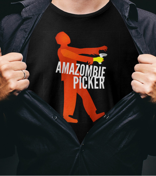 Amazombie Picker Walking Zombie Silhouette With Coffee Cup T-Shirt