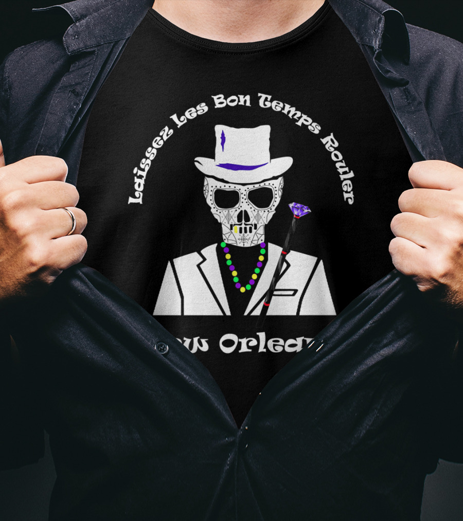 Laissez Les Bon Temps Rouler New Orleans Baron Samedi Skull Cane Beads T-Shirt