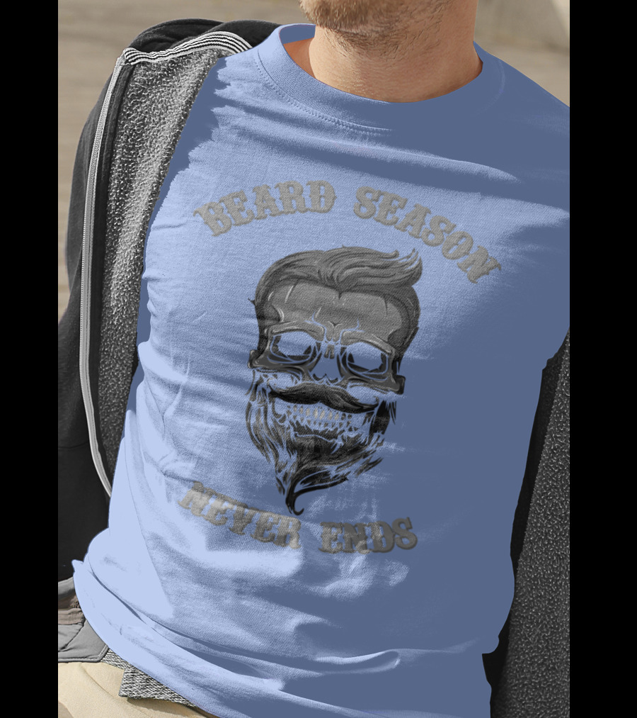 Beard Season Never Ends Skull With Mustache And Hair T-Shirt