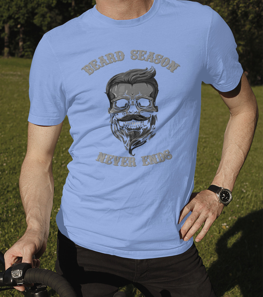 Beard Season Never Ends Skull With Mustache And Hair T-Shirt