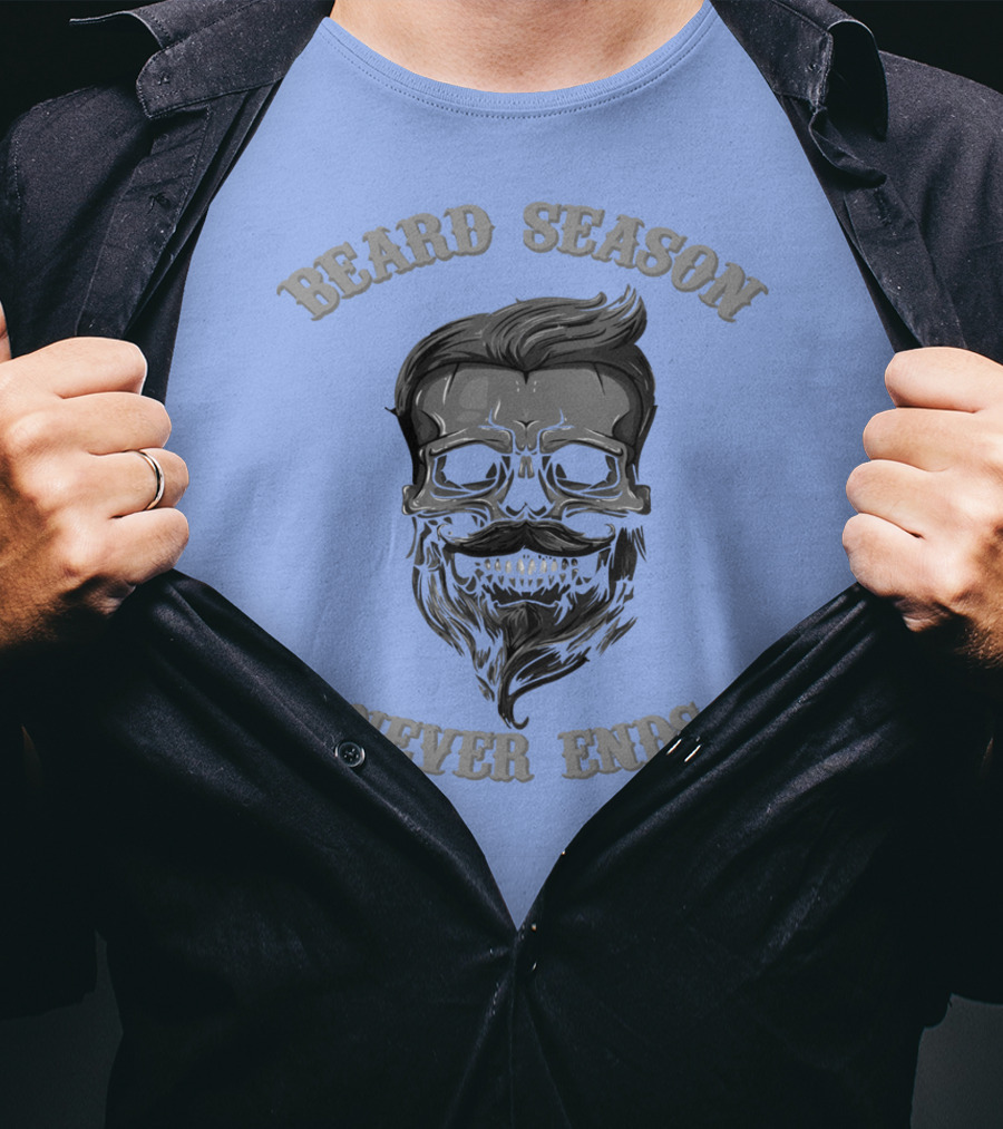 Beard Season Never Ends Skull With Mustache And Hair T-Shirt