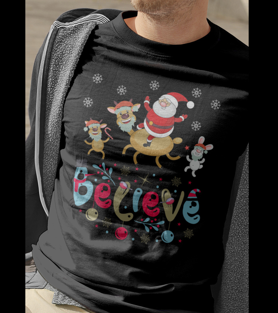 Believe Christmas Santa Claus Reindeer Rabbit Snowflakes T-Shirt