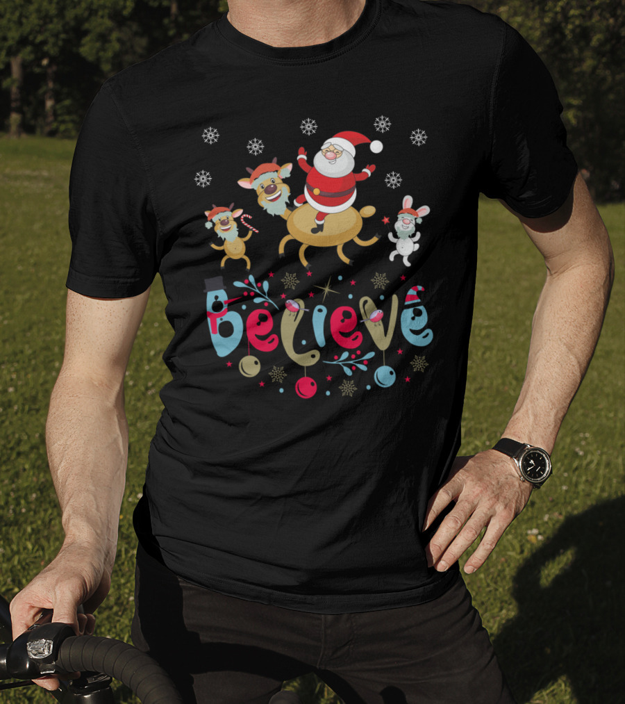 Believe Christmas Santa Claus Reindeer Rabbit Snowflakes T-Shirt