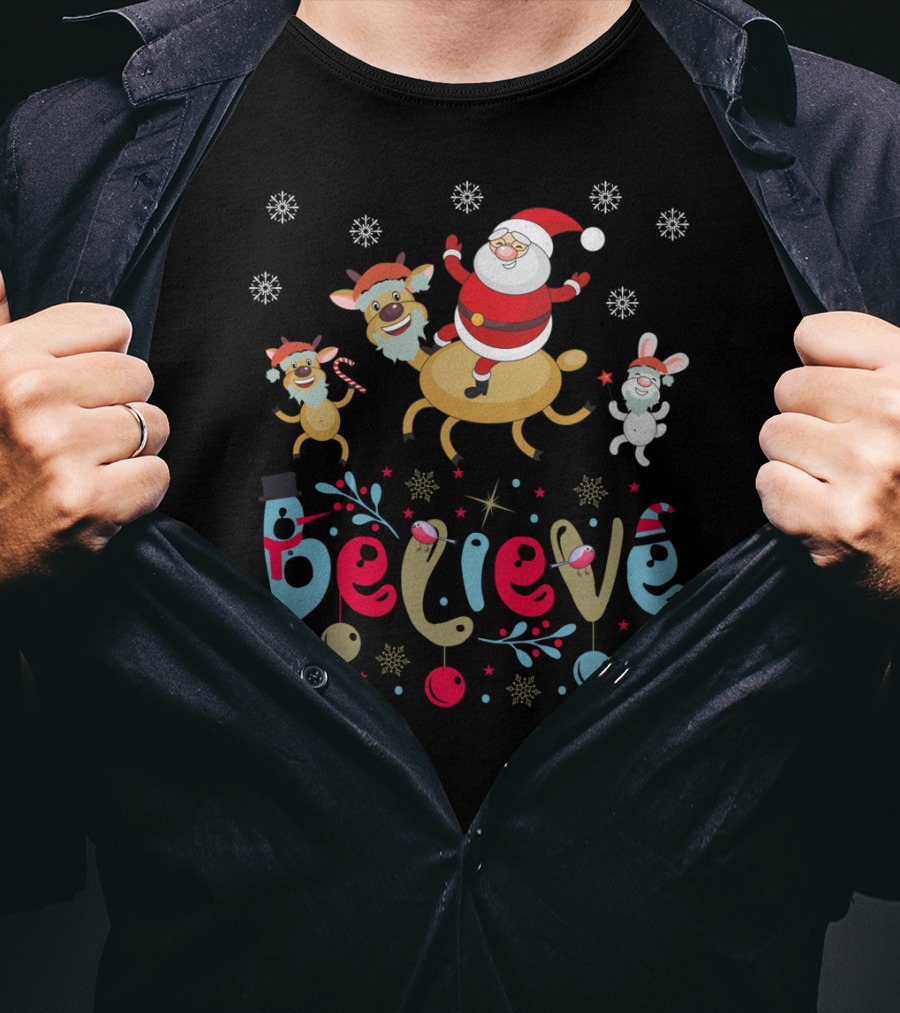 Believe Christmas Santa Claus Reindeer Rabbit Snowflakes T-Shirt
