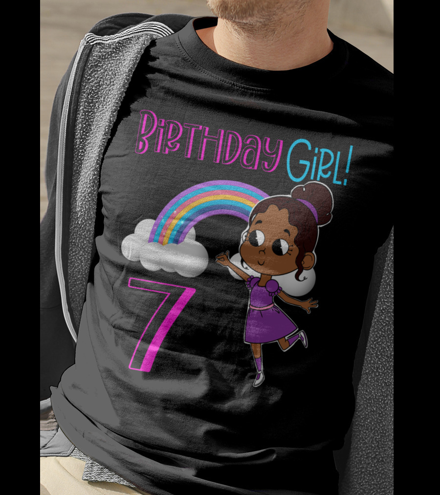 Birthday Girl 7 African American With Rainbow And Dancing Child T-Shirt