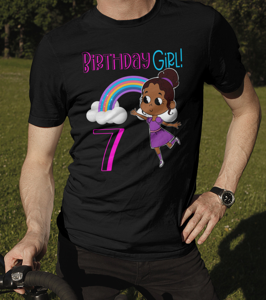Birthday Girl 7 African American With Rainbow And Dancing Child T-Shirt