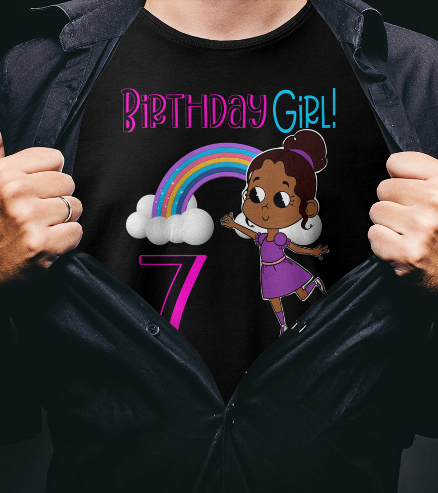 Birthday Girl 7 African American With Rainbow And Dancing Child T-Shirt