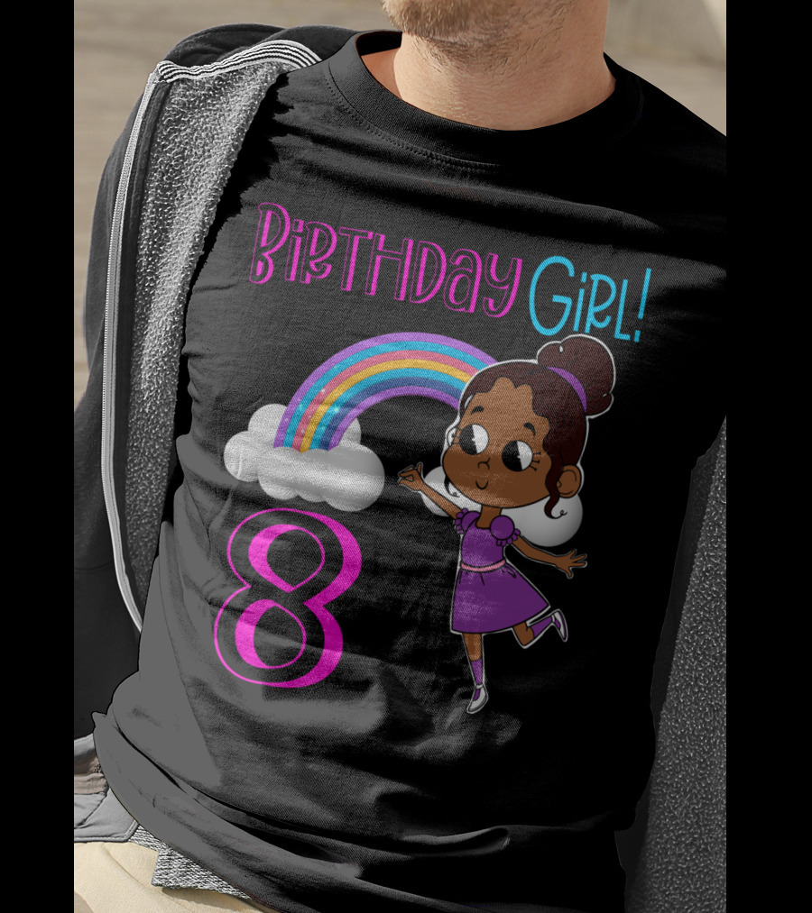 Birthday Girl 8 Rainbow Celebration With African American Cartoon Kid T-Shirt