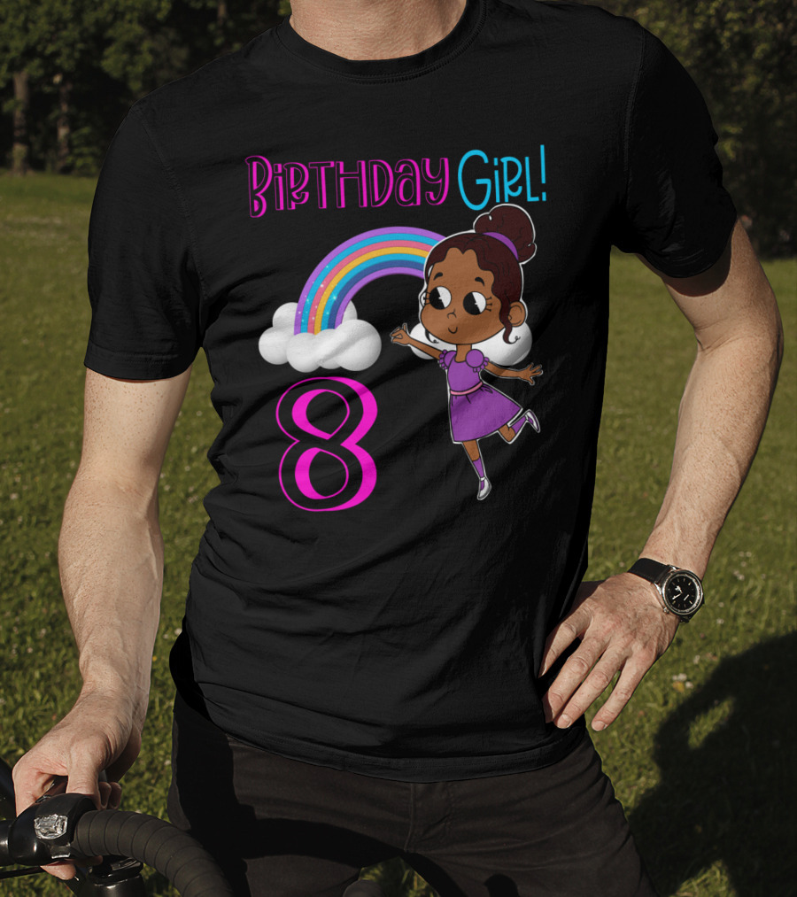 Birthday Girl 8 Rainbow Celebration With African American Cartoon Kid T-Shirt