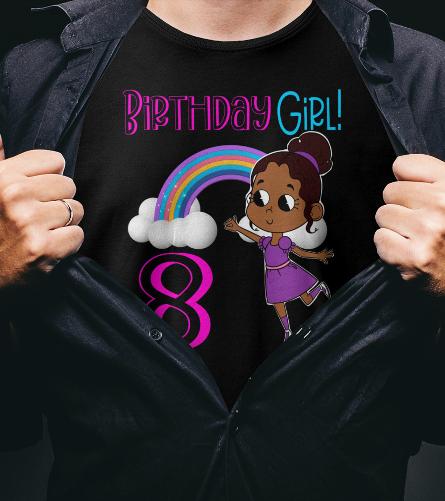 Birthday Girl 8 Rainbow Celebration With African American Cartoon Kid T-Shirt