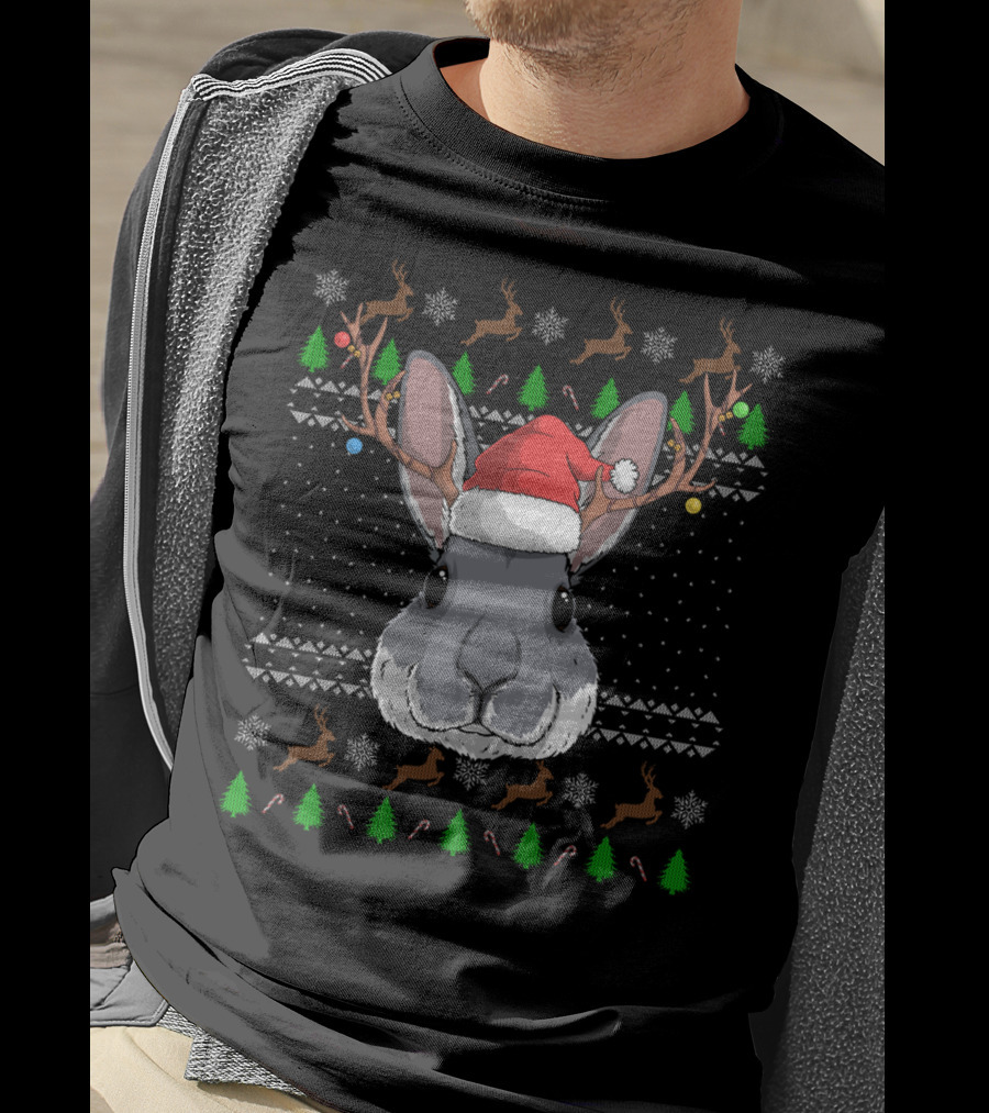 Bunny Rabbit Wearing Santa Claus Hat With Antler Reindeer And Christmas Trees T-Shirt