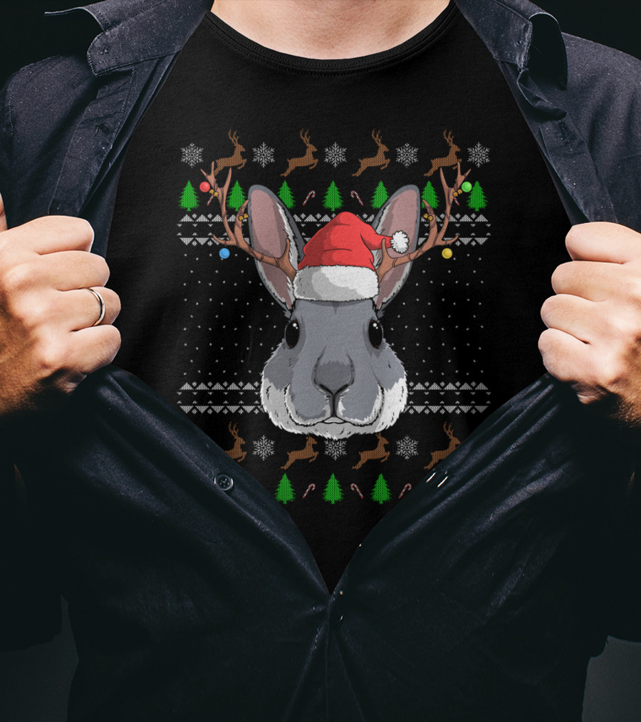 Bunny Rabbit Wearing Santa Claus Hat With Antler Reindeer And Christmas Trees T-Shirt