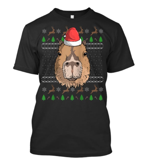 Capybara With Santa Claus Hat In Christmas Theme With Reindeer And Trees T-Shirt