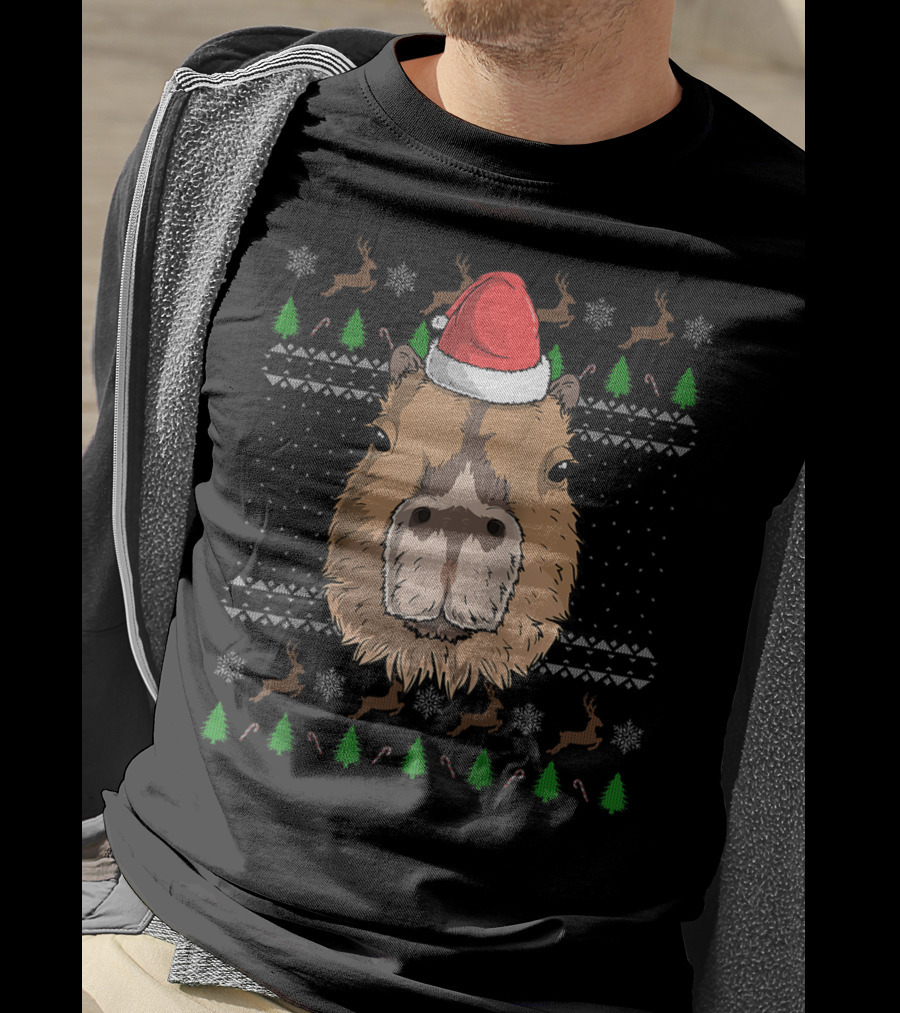 Capybara With Santa Claus Hat In Christmas Theme With Reindeer And Trees T-Shirt