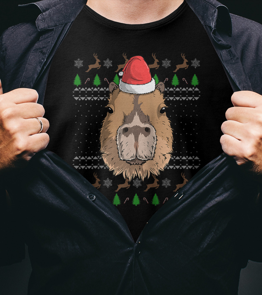 Capybara With Santa Claus Hat In Christmas Theme With Reindeer And Trees T-Shirt