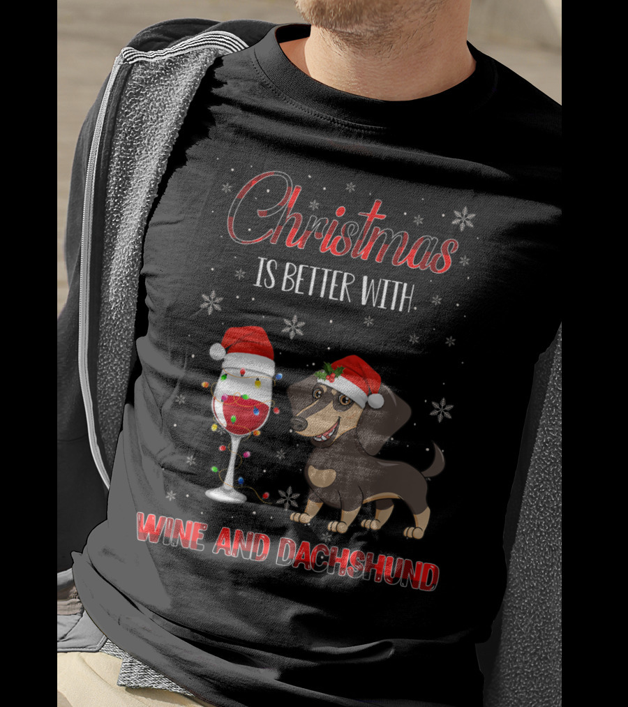 Christmas Is Better With Wine And Dachshund Santa Hats Snowflakes T-Shirt