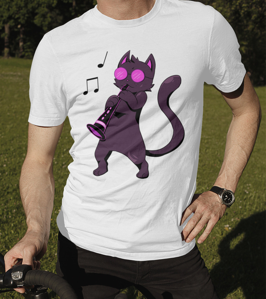 Clarinet Playing Cool Cat Hippy Hipster Kitty With Sunglasses T-Shirt