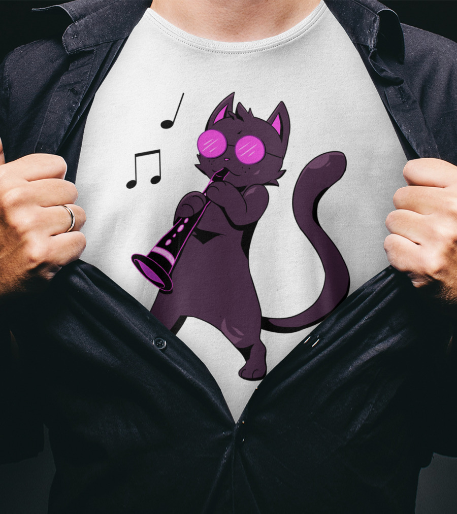 Clarinet Playing Cool Cat Hippy Hipster Kitty With Sunglasses T-Shirt