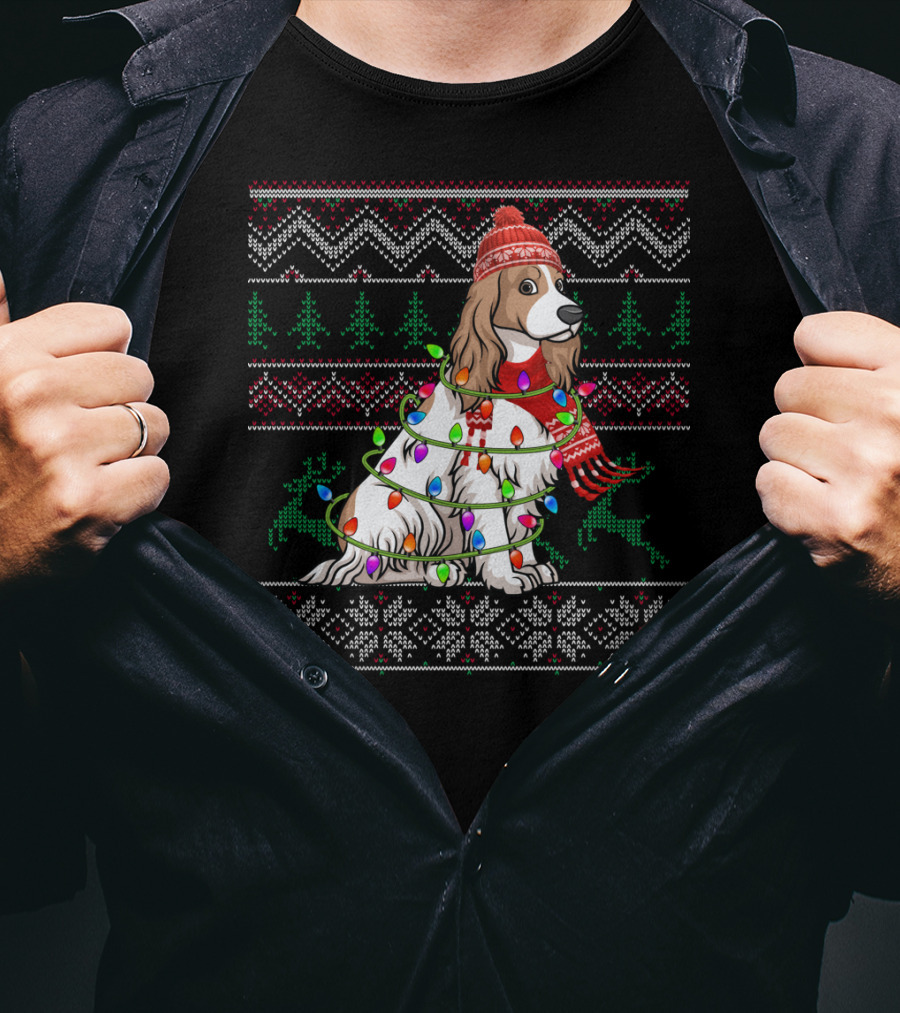 Cocker Spaniel Holiday Sweater With Christmas Lights And Reindeer T-Shirt