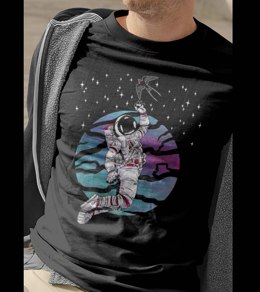 Cosmic Apparition Astronaut Reaches For Celestial Bird In Starry Universe T-Shirt