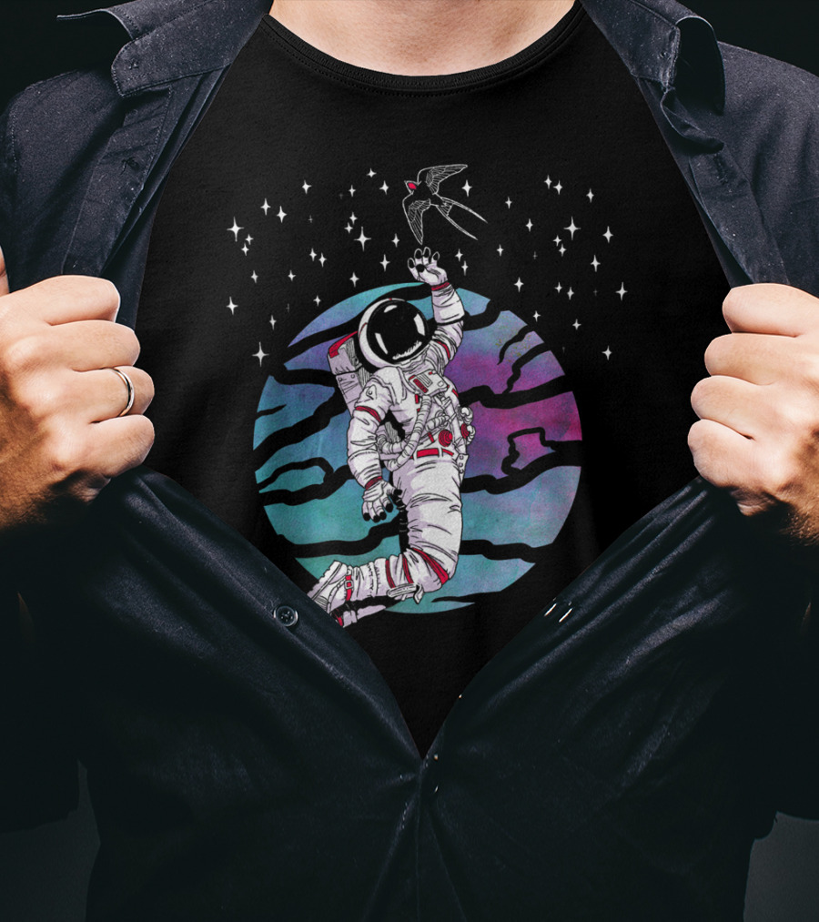 Cosmic Apparition Astronaut Reaches For Celestial Bird In Starry Universe T-Shirt