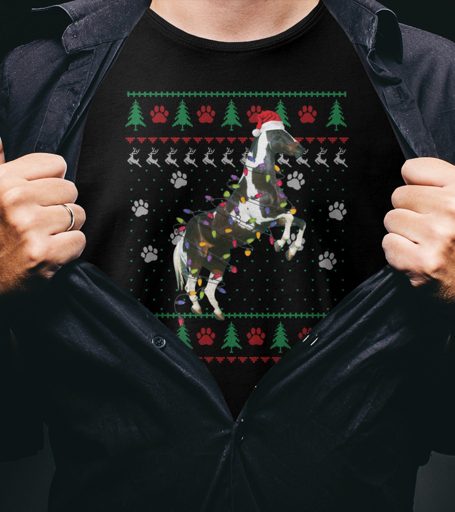 American Paint Horse Christmas Lights Santa Hat Ugly T-Shirt
